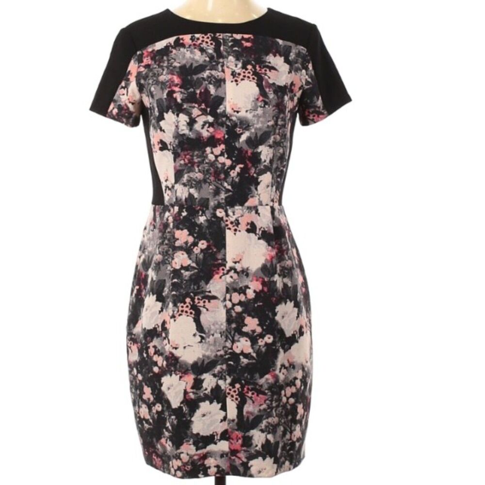 Club Monaco Floral Print Black Color Blocked Short Sleeve Back Zip Dress S